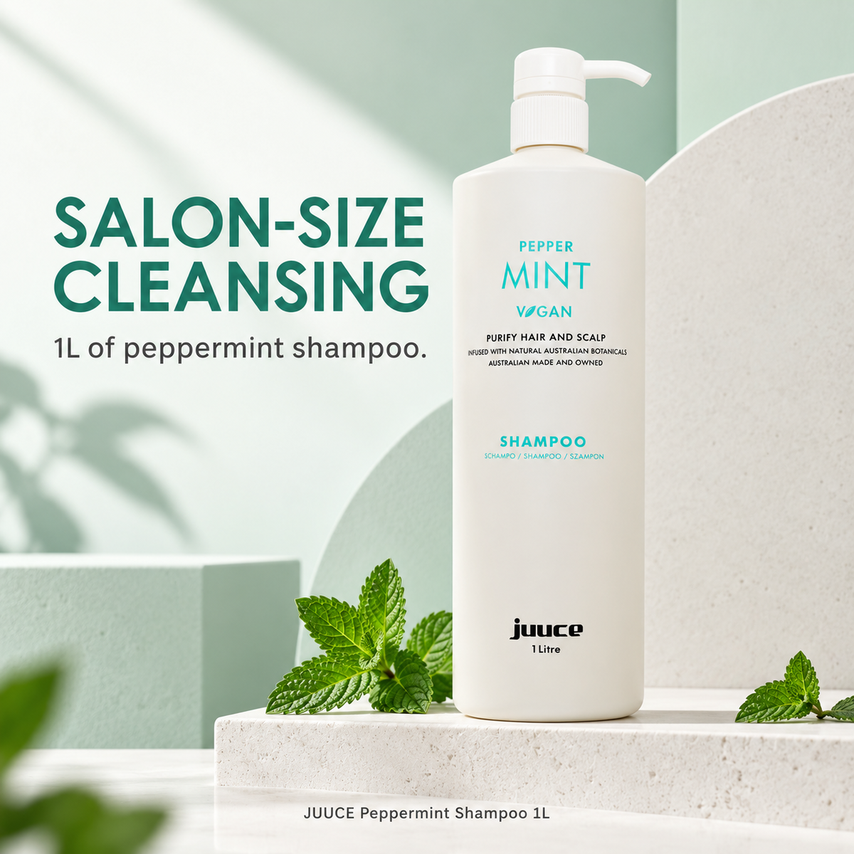 SALON-SIZE CLEANSING. 1L of peppermint shampoo.