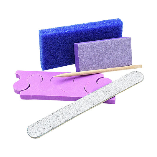 Five-piece disposable nail kit with file, buffer, pumice, stick and separator