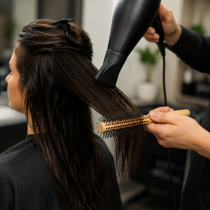 Stylist safely using Professional Round Brush during an adult brunette blow-dry