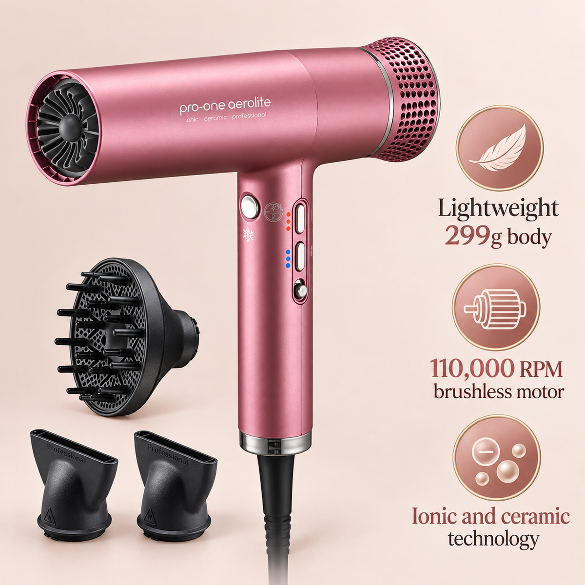Pro-One Aerolite Hair Dryer – Blush — product benefits