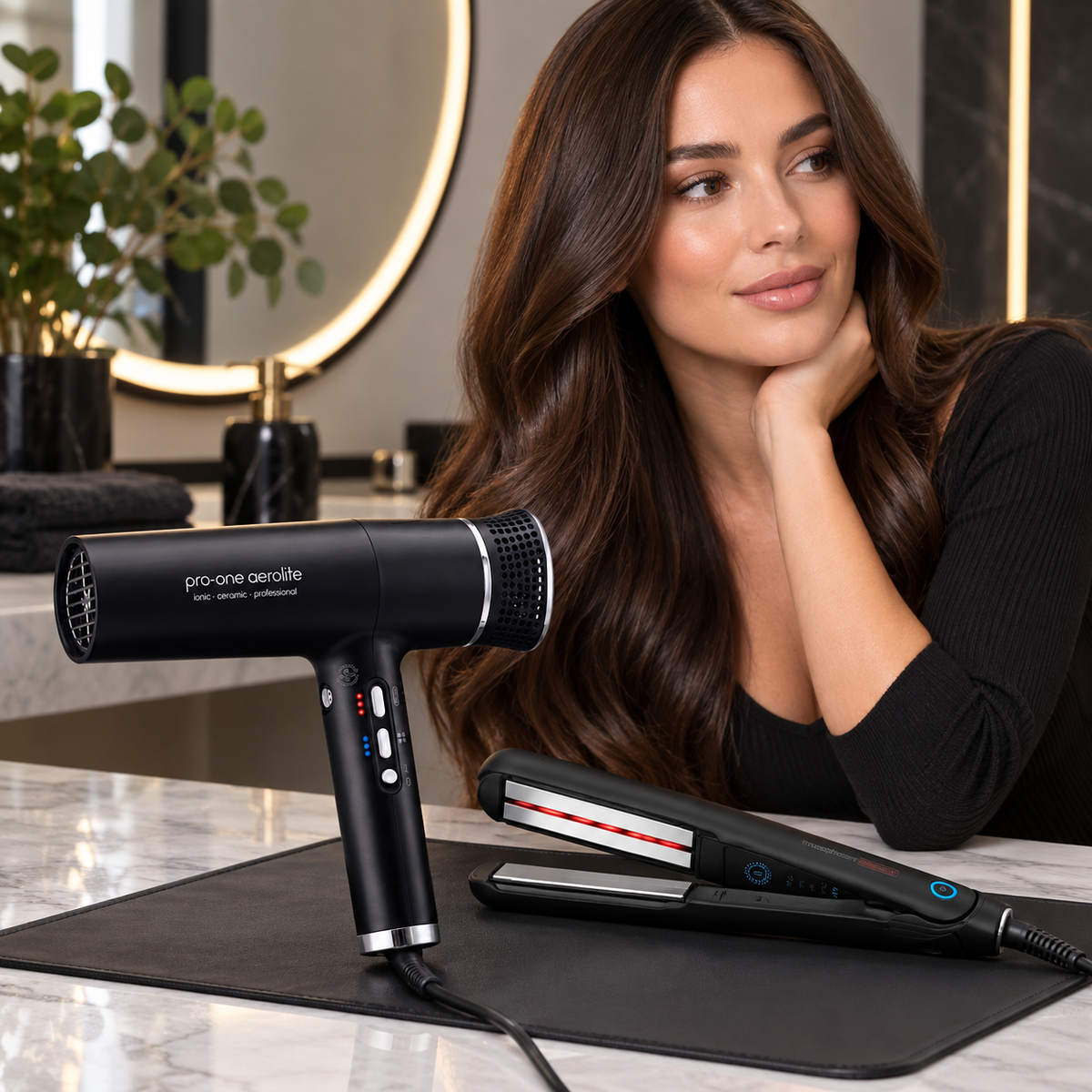 Pro-One Aerolite Hair Dryer & Speedy 230 IR Straightener Bundle — model and salon context