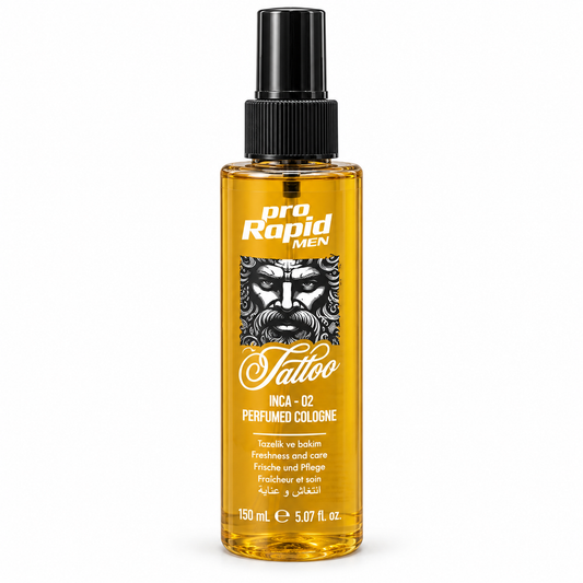 ProRapid INCA 02 Tattoo Perfumed Cologne 150ml amber spray bottle on a white background