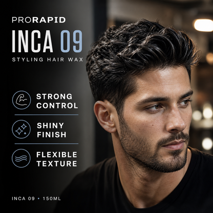 ProRapid INCA 09 shine styling wax benefits on styled men's hair