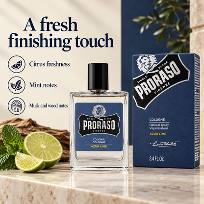 Proraso Cologne Azur Lime 100ml benefits: Citrus freshness, Mint notes, Musk and wood notes