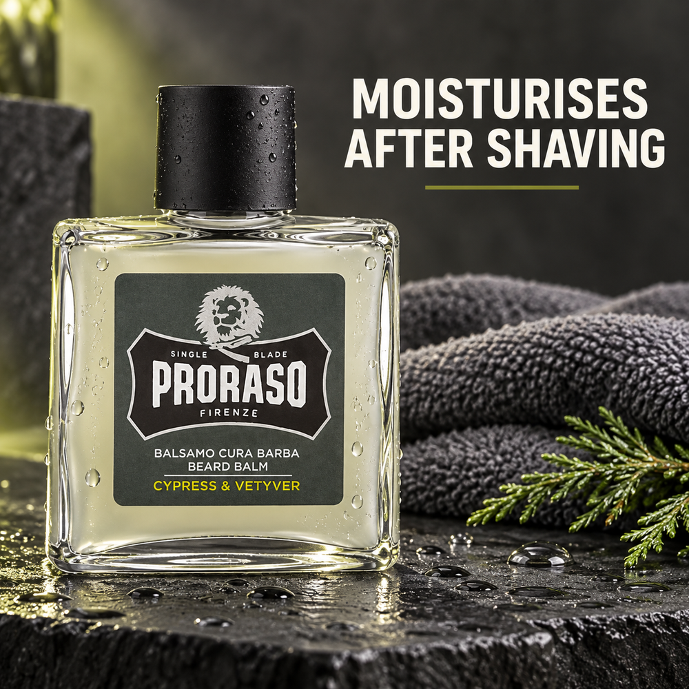 Proraso Beard Balm Cypress & Vetyver 100ml – moisturises after shaving with towel and water details