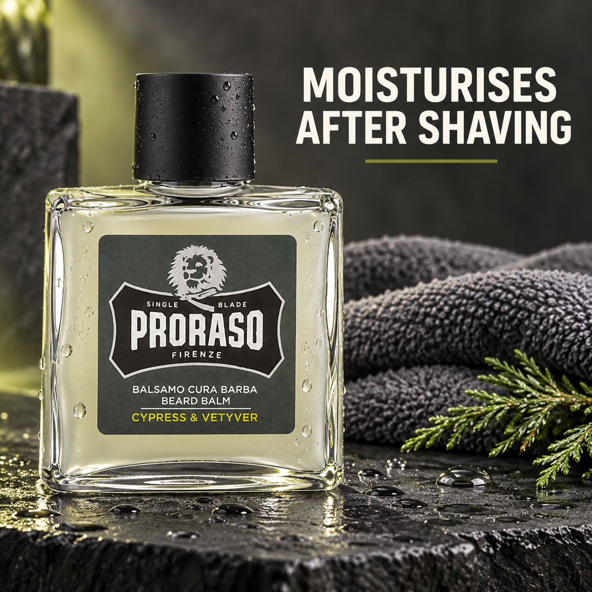 Proraso Beard Balm Cypress & Vetyver 100ml – moisturises after shaving with towel and water details