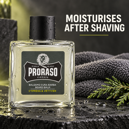 Proraso Beard Balm Cypress & Vetyver 100ml – moisturises after shaving with towel and water details