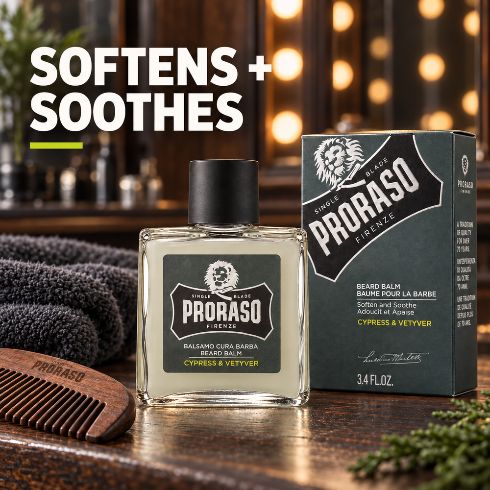 Proraso Beard Balm Cypress & Vetyver 100ml – softens and soothes with bottle, box and beard comb