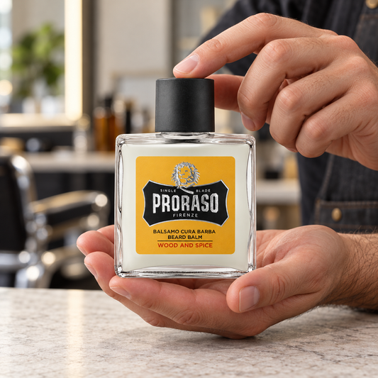 Proraso Beard Balm Wood & Spice 100ml held at a barber station, showing its original container.