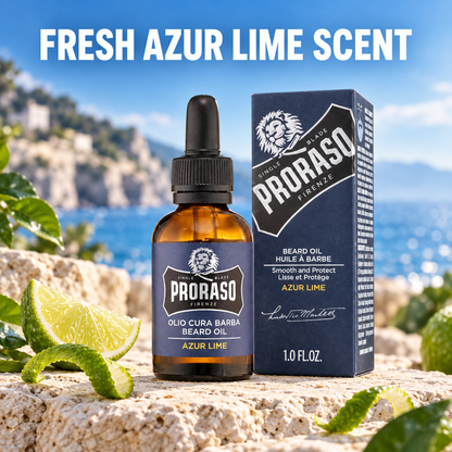 Proraso Beard Oil Azur Lime 30ml amber dropper bottle and navy carton with fresh lime styling and fresh Azur Lime scent benefit text
