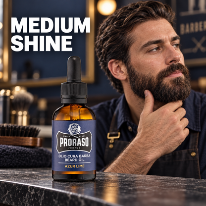 Proraso Beard Oil Azur Lime 30ml bottle in a barbershop with a groomed beard and medium shine benefit text