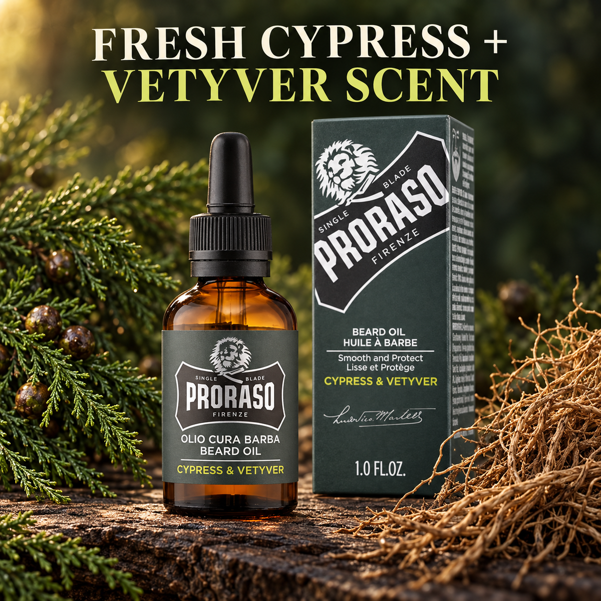 Proraso Beard Oil Cypress & Vetyver 30ml with cypress branches, vetiver roots and headline “Fresh Cypress + Vetyver Scent”