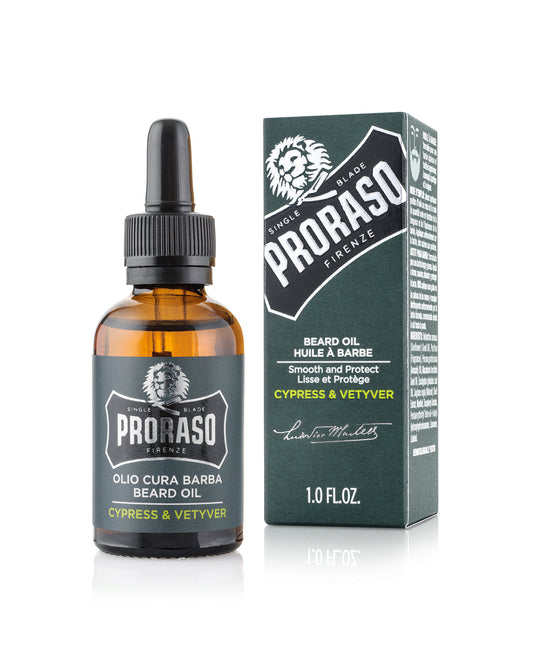 Proraso Beard Oil – Cypress & Vetyver 30ml bottle and box — official product photo