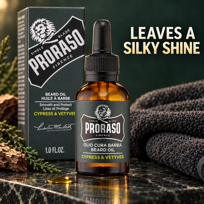 Proraso Beard Oil Cypress & Vetyver 30ml with carton, oil drop and headline “Leaves a Silky Shine”