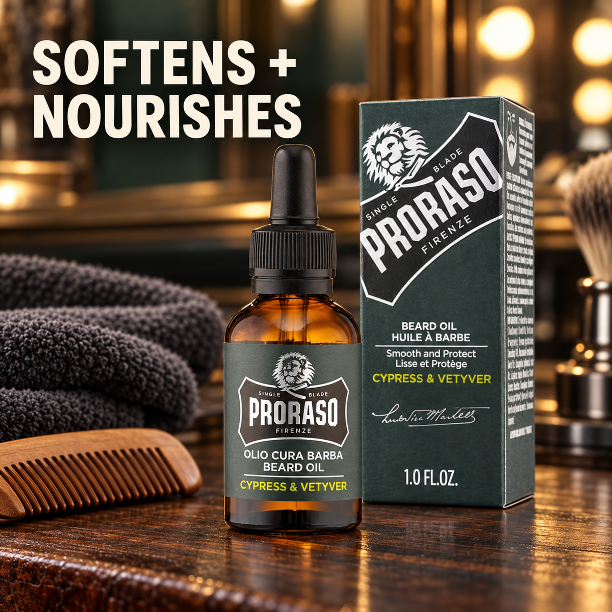 Proraso Beard Oil Cypress & Vetyver 30ml with box, beard comb and headline “Softens + Nourishes”