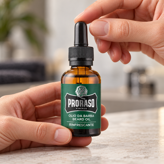 Proraso Beard Oil – Refreshing 30ml held upright, showing the dropper cap and front label.