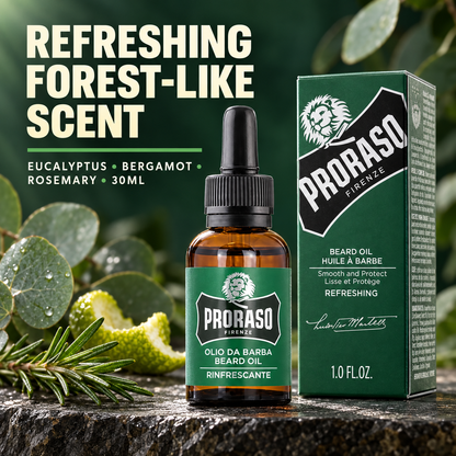 Proraso Beard Oil Refreshing 30ml bottle and carton with Refreshing Forest-Like Scent and eucalyptus, bergamot, and rosemary notes