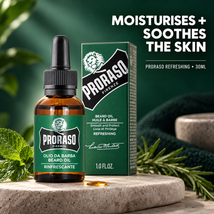 Proraso Beard Oil Refreshing 30ml bottle and carton with Moisturises + Soothes the Skin benefit text