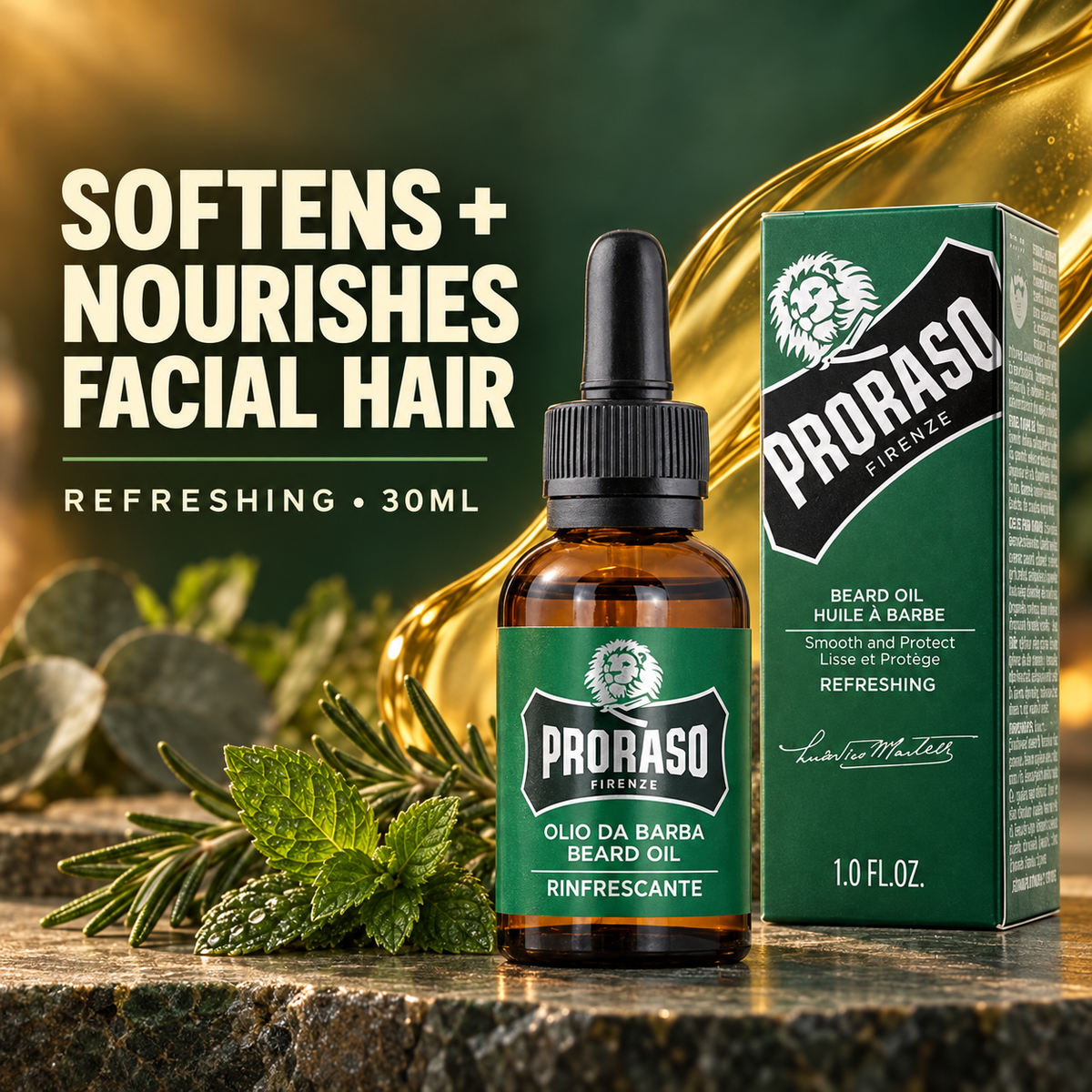 Proraso Beard Oil Refreshing 30ml bottle and carton with Softens + Nourishes Facial Hair benefit text