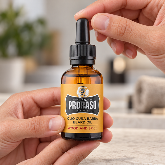Proraso Beard Oil – Wood & Spice 30ml held upright, showing the dropper cap and front label.