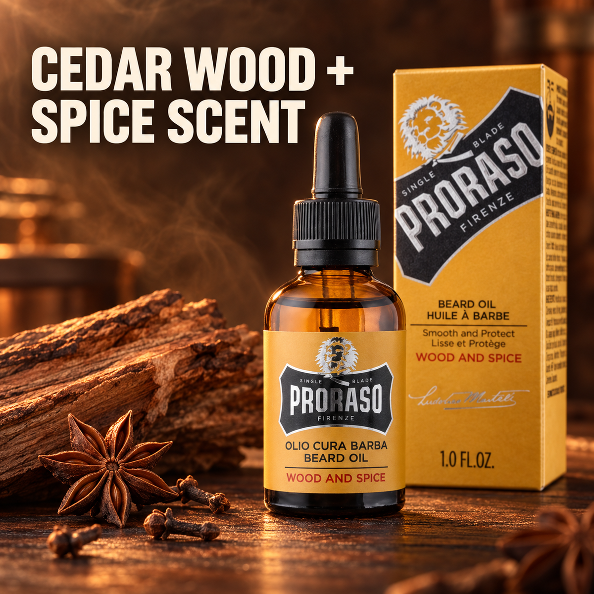 Proraso Beard Oil Wood and Spice 30ml amber bottle and ochre carton with cedar wood and spice scent styling