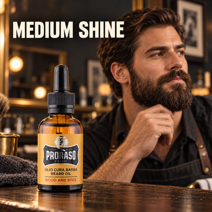 Proraso Beard Oil Wood and Spice 30ml bottle in a warm barbershop scene with a groomed beard and medium shine benefit text