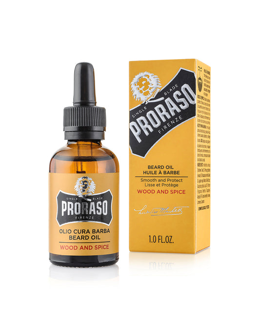 Proraso Beard Oil – Wood & Spice 30ml bottle and box — official product photo