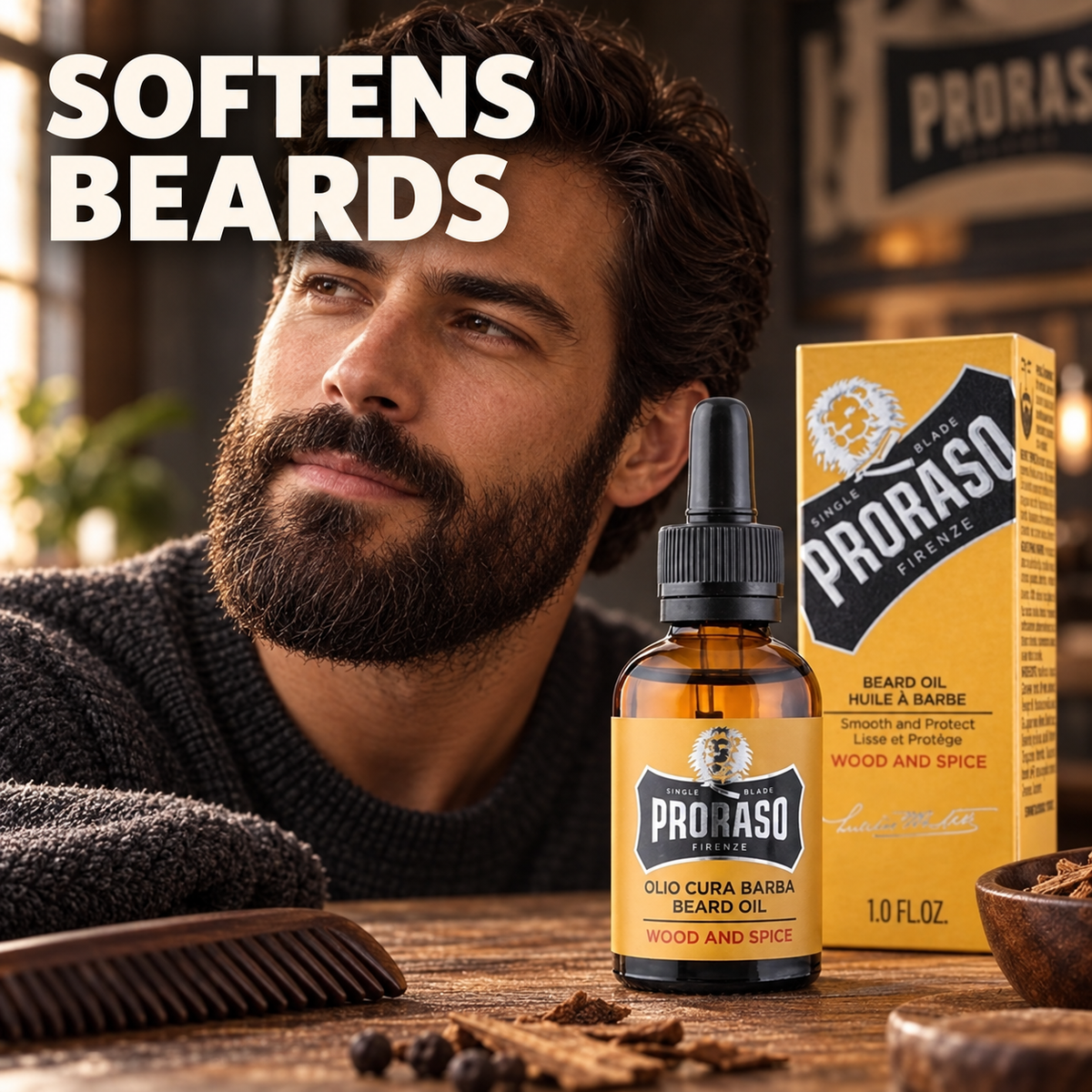 Proraso Beard Oil Wood and Spice 30ml amber dropper bottle and ochre carton beside a groomed beard with softens beards benefit text
