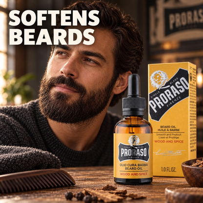 Proraso Beard Oil Wood and Spice 30ml amber dropper bottle and ochre carton beside a groomed beard with softens beards benefit text