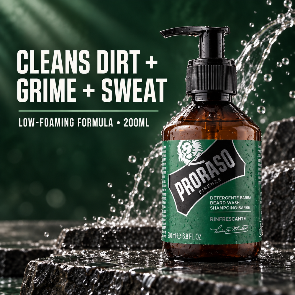 PRORASO Beard Wash Refresh 200ml amber pump bottle with Cleans Dirt + Grime + Sweat and Low-Foaming Formula benefit text