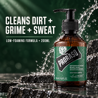 PRORASO Beard Wash Refresh 200ml amber pump bottle with Cleans Dirt + Grime + Sweat and Low-Foaming Formula benefit text