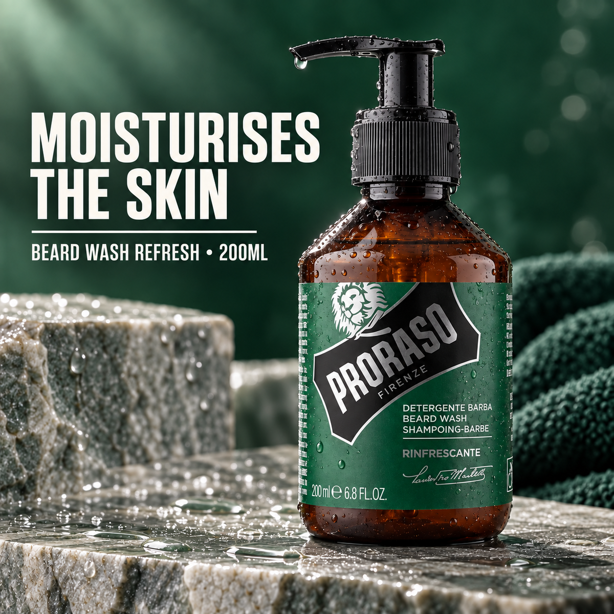 PRORASO Beard Wash Refresh 200ml amber pump bottle with Moisturises the Skin benefit text