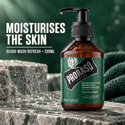 PRORASO Beard Wash Refresh 200ml amber pump bottle with Moisturises the Skin benefit text
