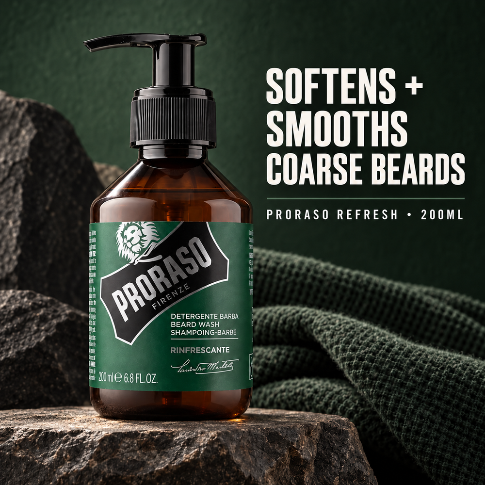 PRORASO Beard Wash Refresh 200ml amber pump bottle with Softens + Smooths Coarse Beards benefit text
