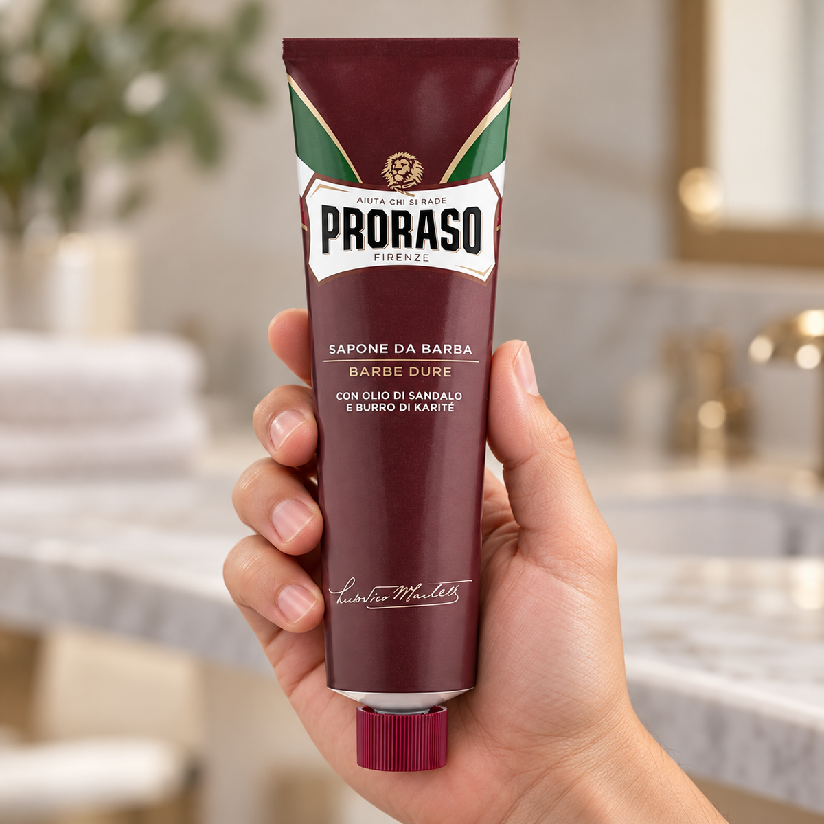 Proraso shaving cream tube for coarse beards held upright with its cap closed