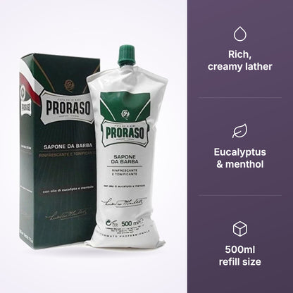 Proraso Green Shaving Soap 500ml tube and box with feature panel: rich creamy lather, eucalyptus and menthol, 500ml refill