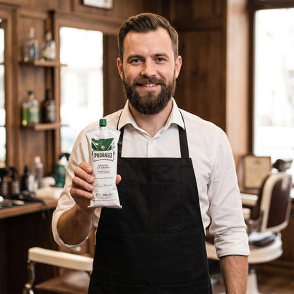 Smiling barber holding a Proraso Green Shaving Soap 500ml tube in a barbershop