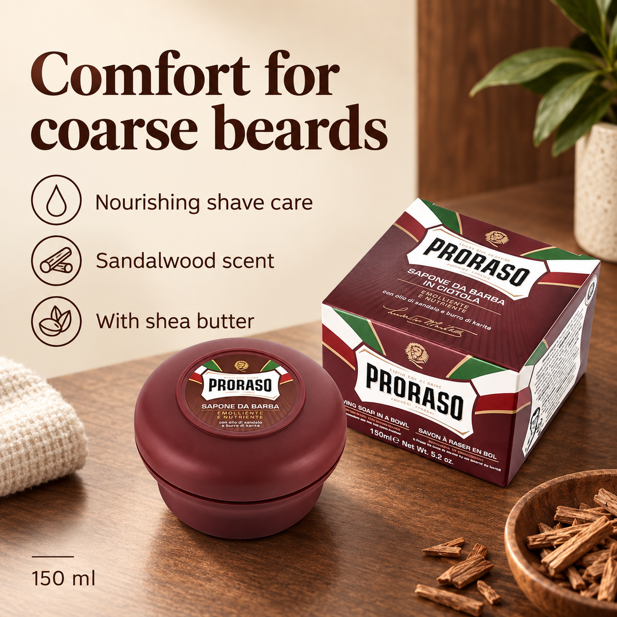 Proraso Shaving Soap Bowl Nourishing 150ml benefits: Nourishing shave care, Sandalwood scent, With shea butter