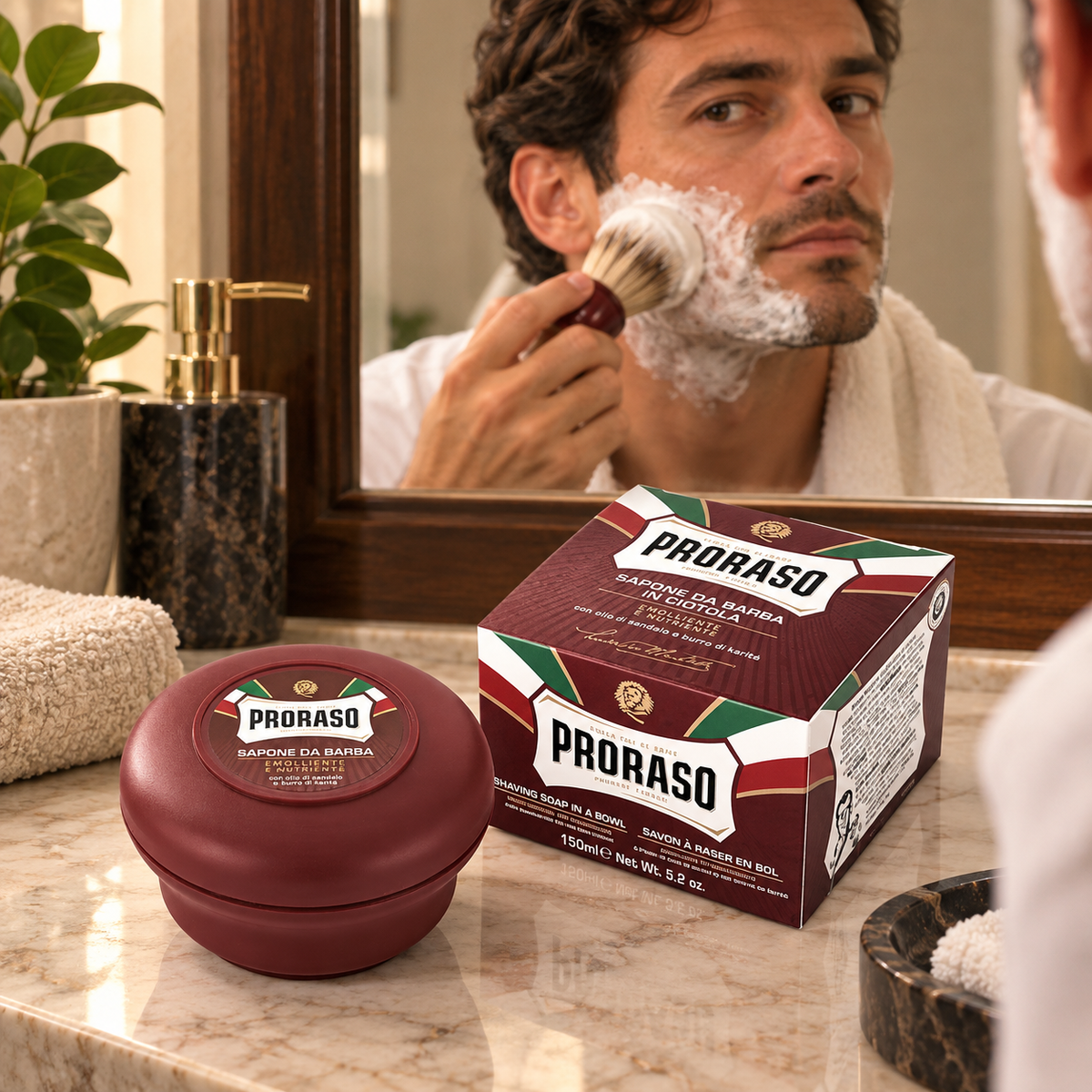 AI-generated illustration: Proraso Shaving Soap Bowl Nourishing 150ml in a salon or grooming setting