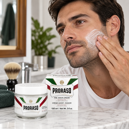 Proraso Pre-Shave Cream Tub Sensitive Skin 100ml — model and salon context