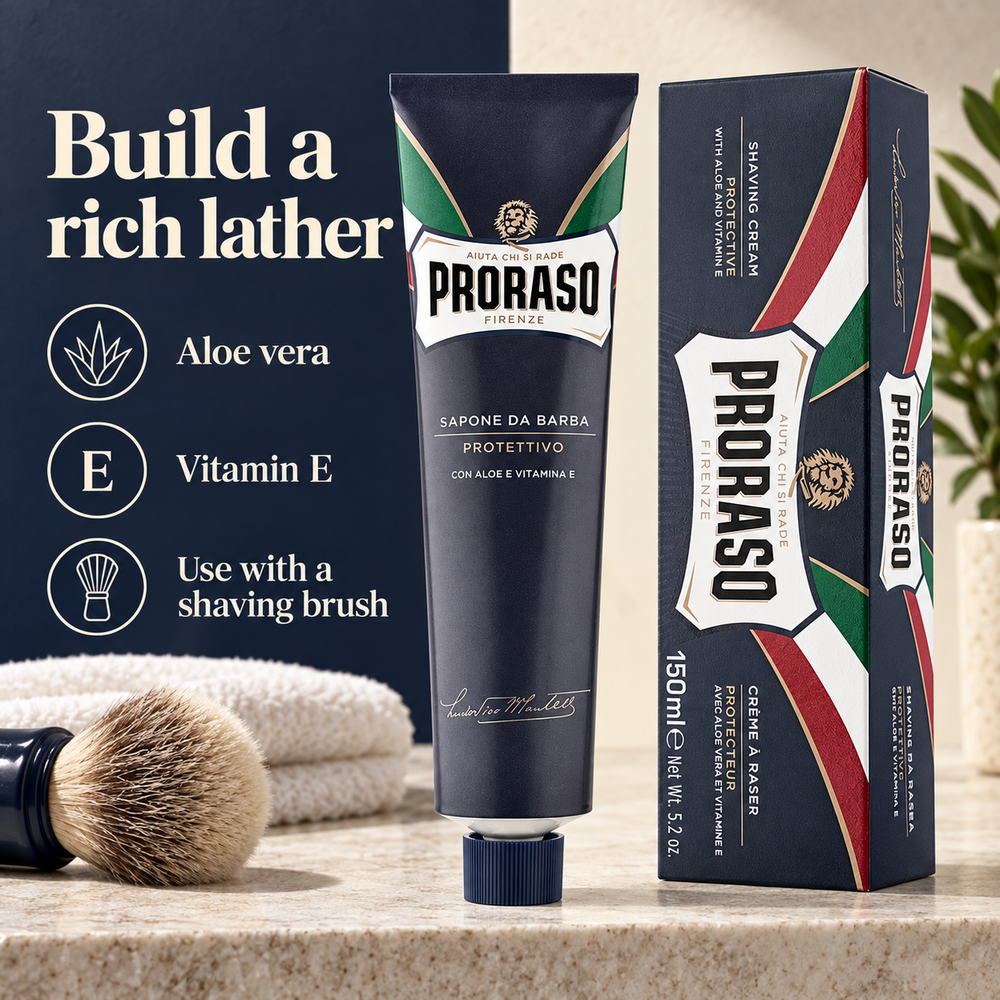 Proraso Soap Tube Protective benefits: Aloe vera, Vitamin E, Use with a shaving brush
