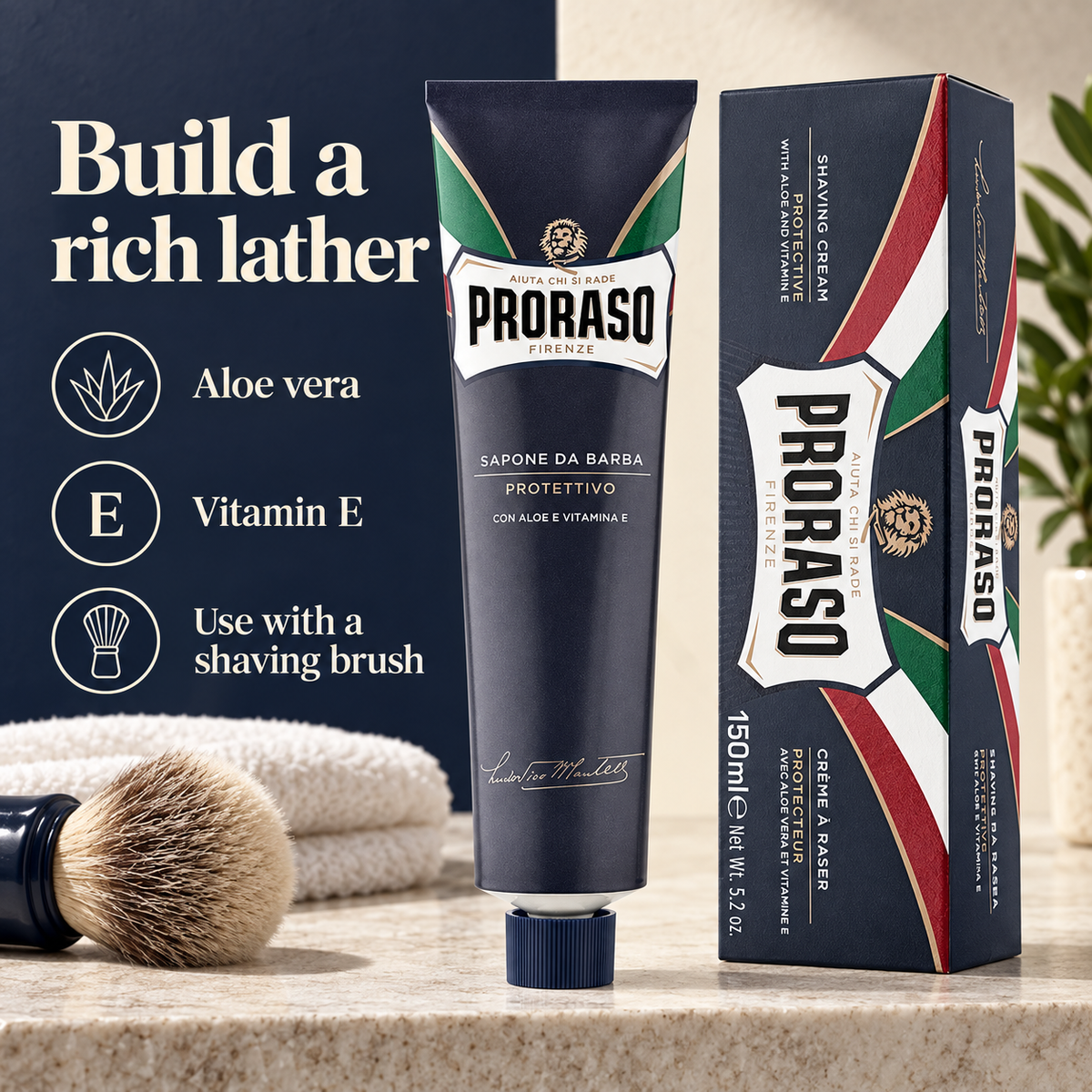 Proraso Soap Tube Protective benefits: Aloe vera, Vitamin E, Use with a shaving brush