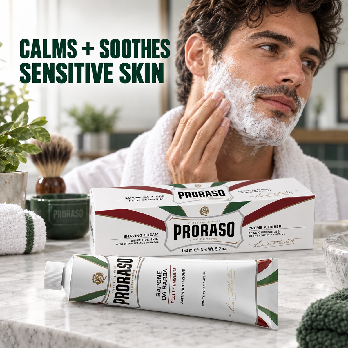 Proraso Sensitive Skin Shaving Cream 150ml tube and carton with a man applying lather and calms and soothes sensitive skin benefit text.