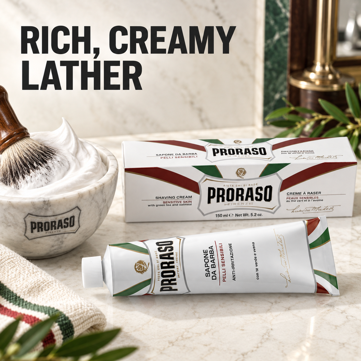 Proraso Sensitive Skin Shaving Cream 150ml tube and carton beside a shaving brush and bowl with rich creamy lather benefit text.