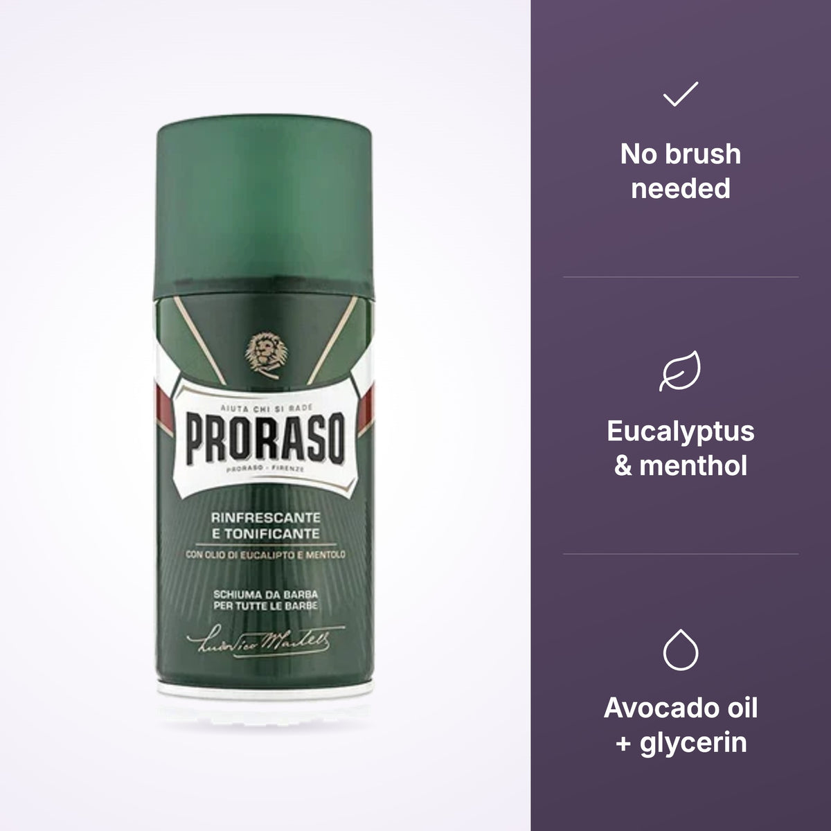 Proraso Shaving Foam Eucalyptus 300ml key benefits infographic