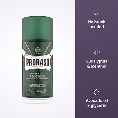 Proraso Shaving Foam Eucalyptus 300ml key benefits infographic