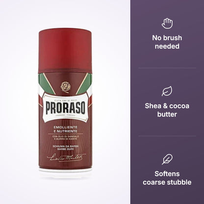 Proraso Shaving Foam Coarse Beard 300ml with no brush needed, shea and cocoa butter icons