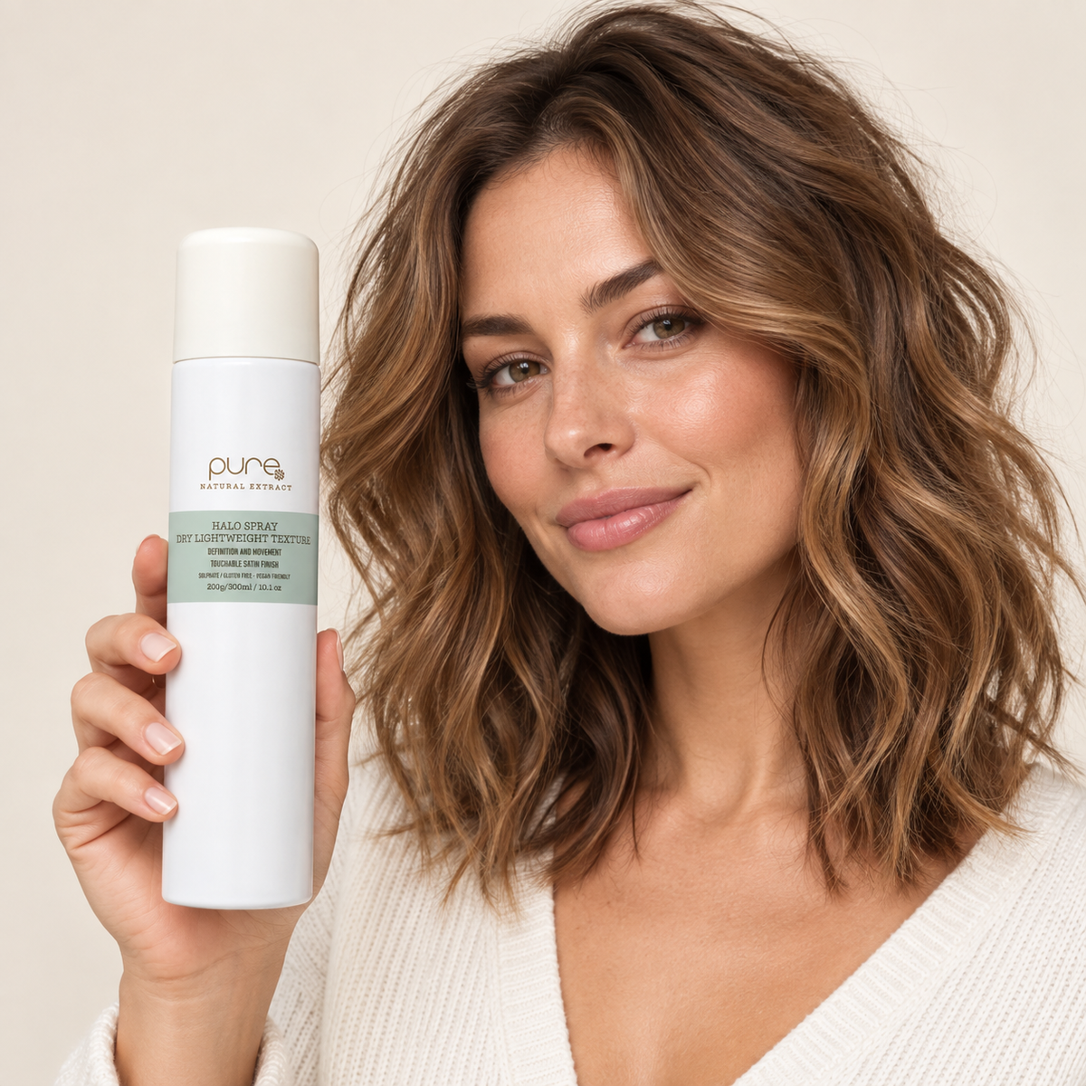 PURE Halo Spray 200g — model and salon context