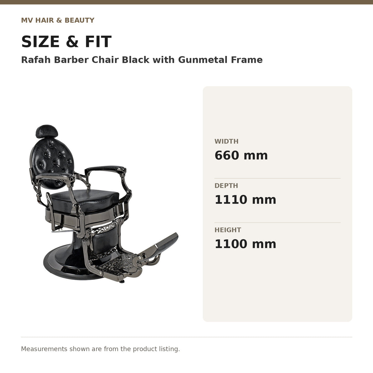 Rafah Barber Chair Black with Gunmetal Frame dimensions: Width: 660 mm; Depth: 1110 mm; Height: 1100 mm