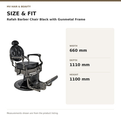 Rafah Barber Chair Black with Gunmetal Frame dimensions: Width: 660 mm; Depth: 1110 mm; Height: 1100 mm